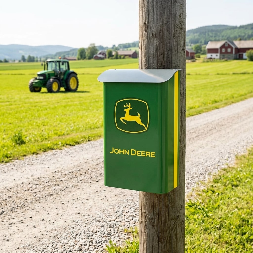 Postkasse John Deere på stolpe ved gårdsvei