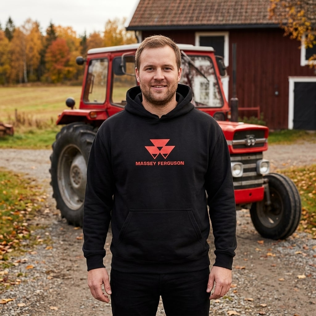 Massey Ferguson hettegenser foran rød Massey-traktor