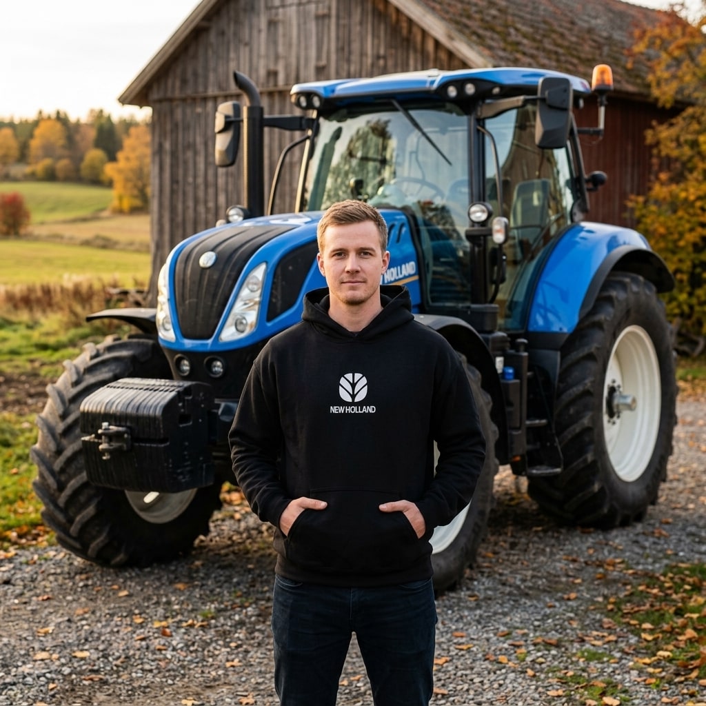 New Holland hettegenser foran blå New Holland-traktor