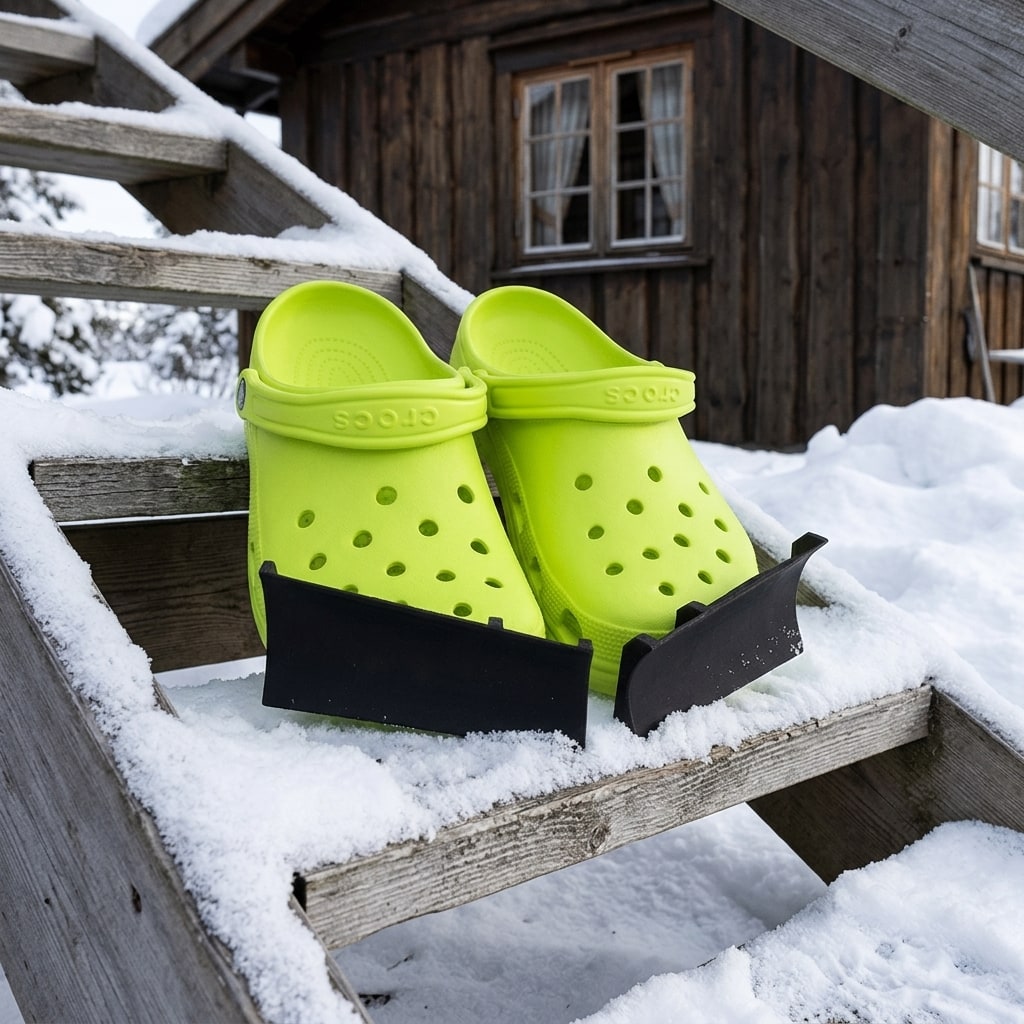 Crocs med snøskjær på en snødekt trapp