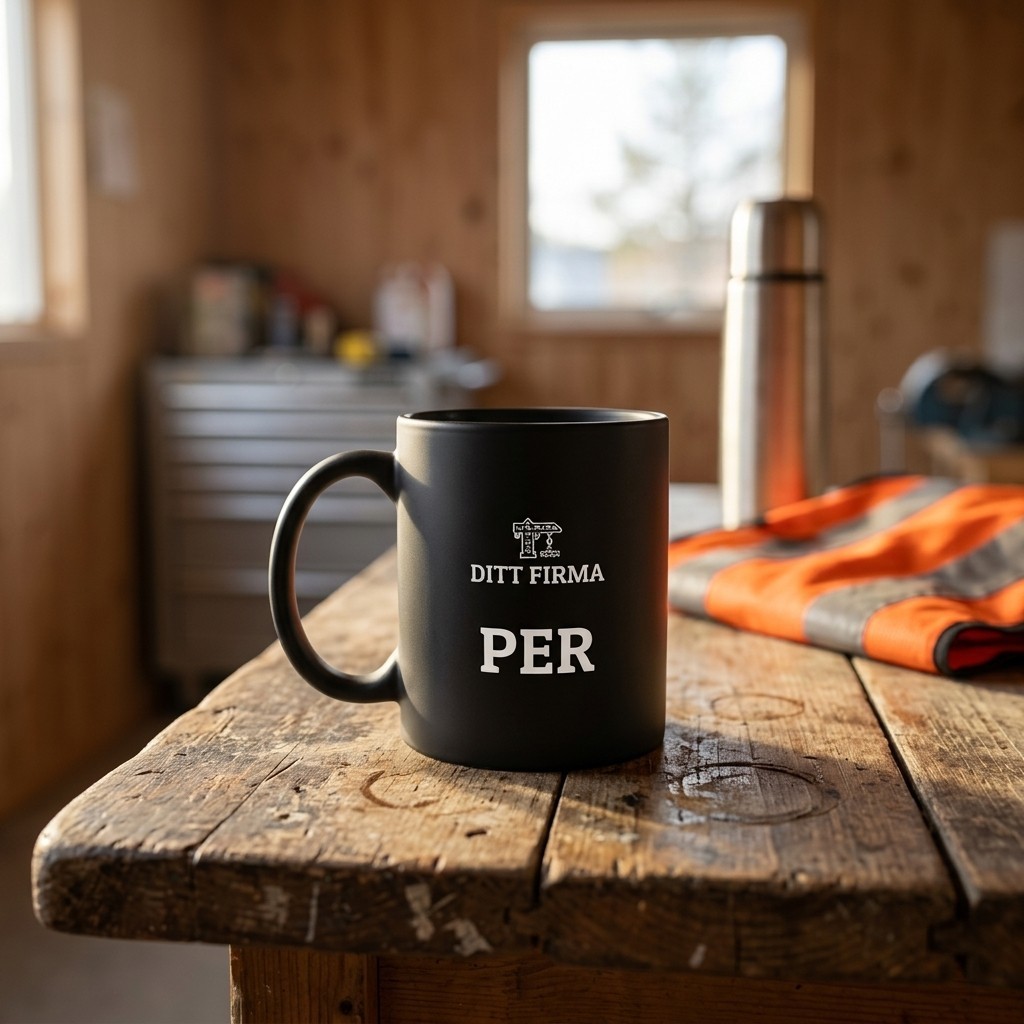 Sort kaffekrus gravert med firmalogo og navn