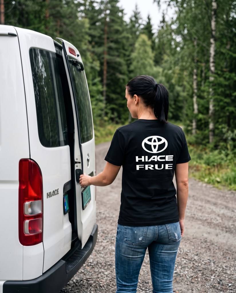 Sort Hiace frue t-skjorte, bakfra ved varebilen