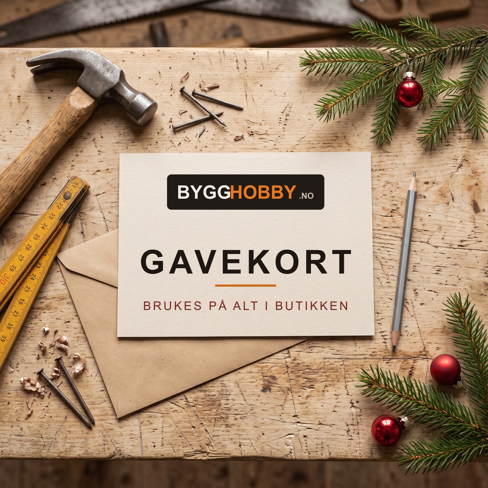 Gavekort fra ByggHobby.no på en arbeidsbenk med verktøy og granbar