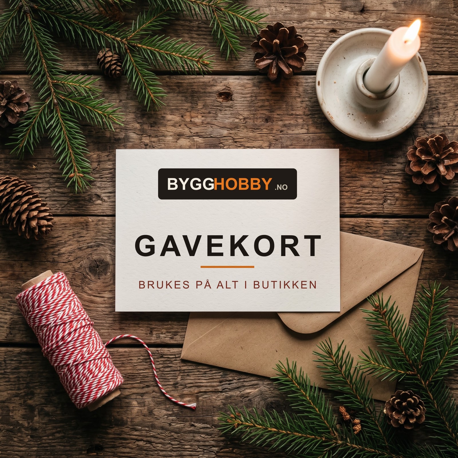 Gavekort fra ByggHobby.no på et julepyntet hyttebord