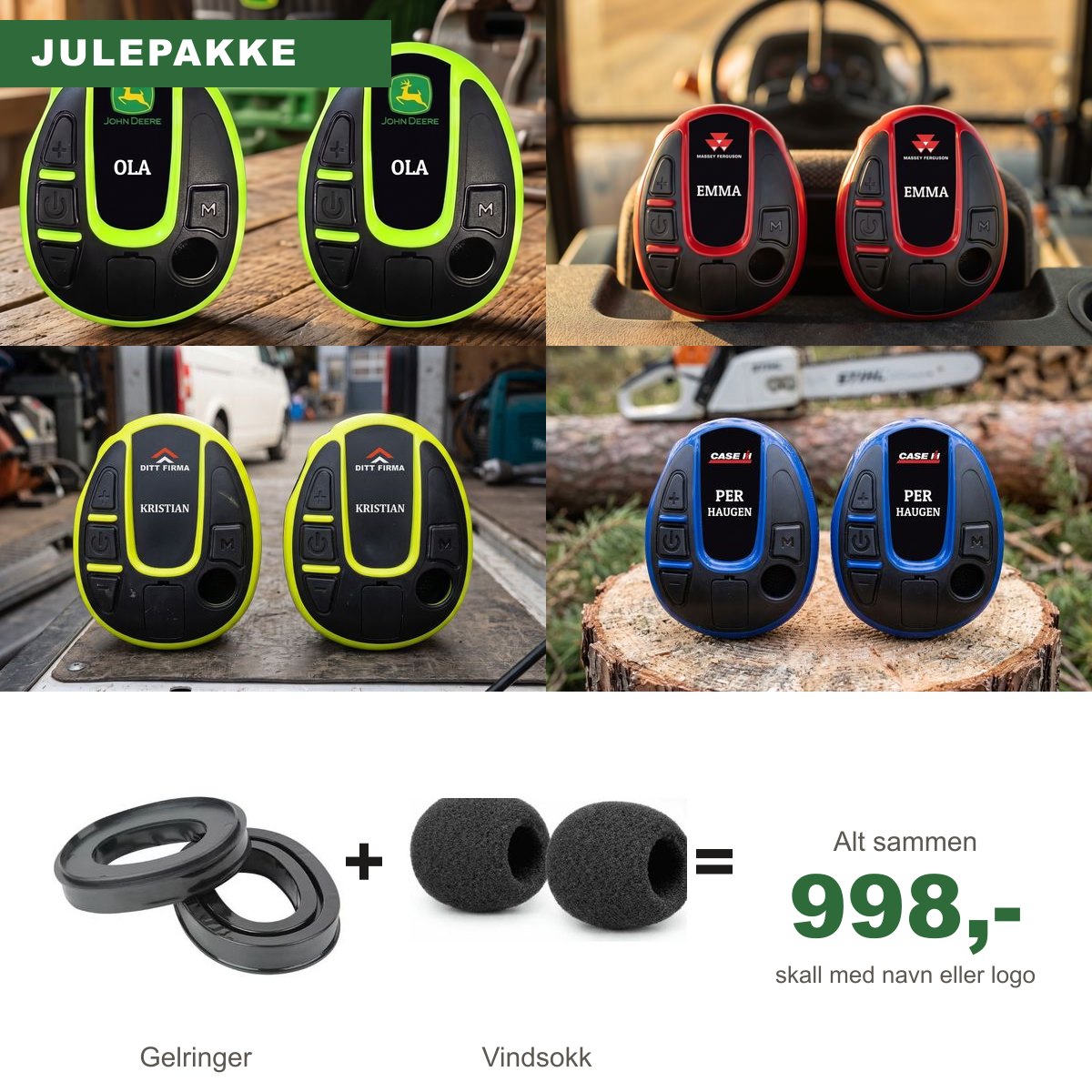 Julepakke til Peltor: skall med navn eller logo, gelringer og vindsokk for 998 kr