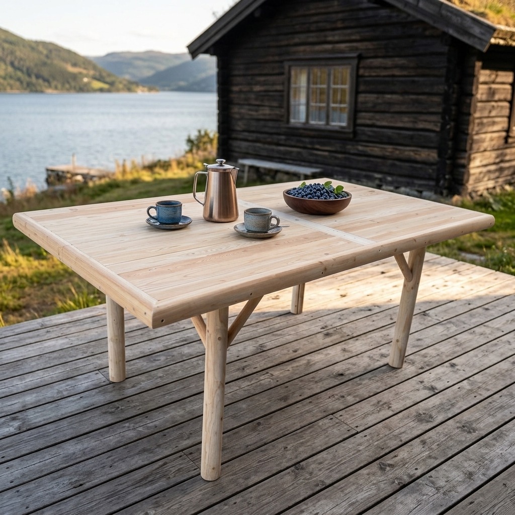 Woods Stokk Spisebord i rundstokk på terrassen ved hytta